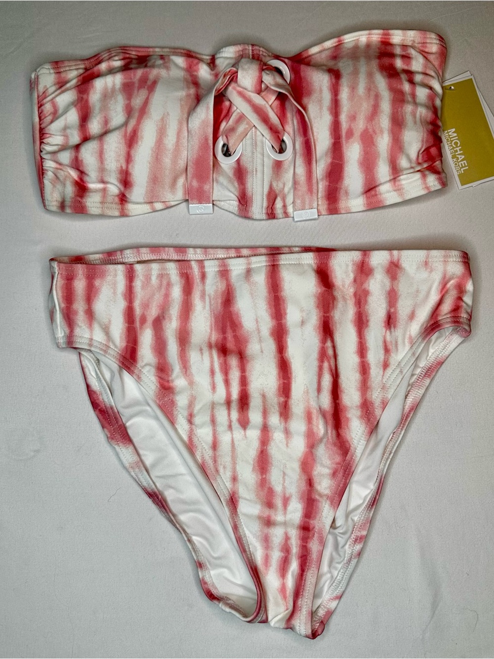 Michael Kors White and Red Tie-Dye Bandeau Bikini
